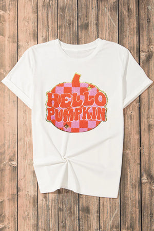 White graphic tee with a retro pumpkin design saying Hello Pumpkin