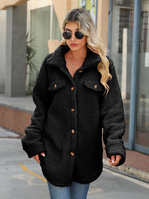 Black teddy texture shacket with button front and chest pockets.