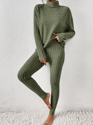 Textured turtleneck lounge set in matcha green with ribbed detail