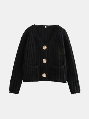 Black chunky knit cardigan with statement gold buttons and patch pockets.