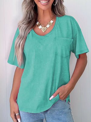 Mineral wash teal cotton v-neck tee with chest pocket and short sleeves