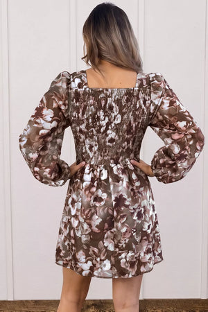 Abstract Floral Print Square Neck Mini Dress in Brown, side view