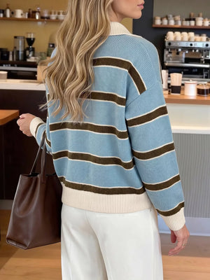 Striped Polo Collar Sweater in Blue, model styling view