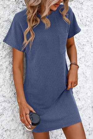 Blue ribbed tee dress with patch pocket and vertical stripes