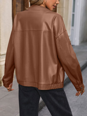 Brown faux leather bomber jacket with elastic cuffs and hem