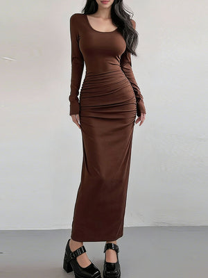 Brown ruched long-sleeve bodycon maxi dress with scoop neck.