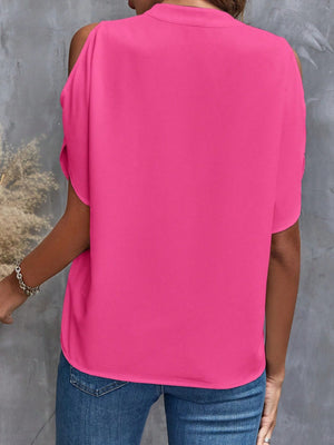 Hot pink polyester open-shoulder blouse with short sleeves and a keyhole neckline.