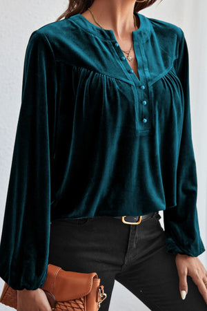 Deep Teal velvet henley blouse with gathered detail and button placket.