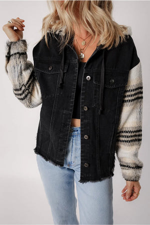 Black denim trucker jacket with plaid sleeves and hood, frayed hem