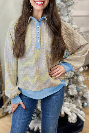 Button Front Jacquard Henley Sweatshirt in Beige, front view