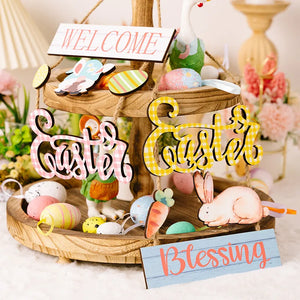 Easter charm trio wooden hanging decor with bunnies, carrots, and eggs. Style A pink gingham Easter sign.