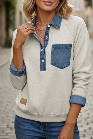 Denim Collar Patchwork Long Sleeve Shirt in Light Gray, model styling view