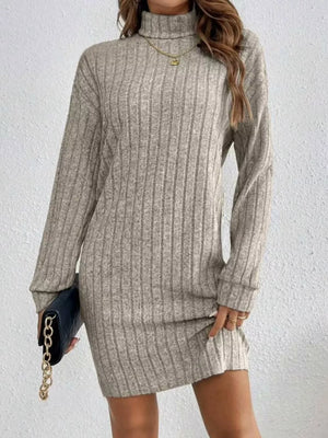 Light Gray ribbed turtleneck mini dress with long sleeves and a casual fit.