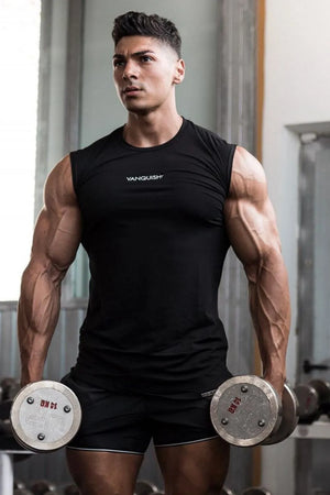 Black performance tank top with logo detail, crew neck, sleeveless, athletic fit