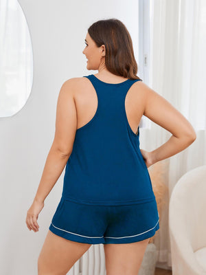 Peacock blue racerback lounge shorts set with contrast trim detail.