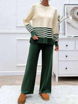 Color-blocked knit lounge set with cream top and dark green pants, featuring striped sleeves.