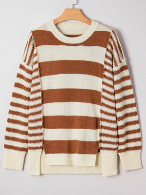 Patchwork drop shoulder sweater in caramel and cream stripes, acrylic fabric, baggy fit, crew neck.