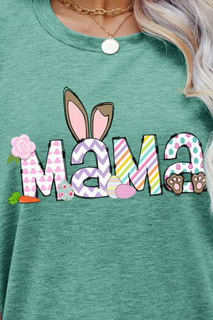 Gum Leaf graphic tee with Easter Mama text, bunny ears, eggs, and paw prints.