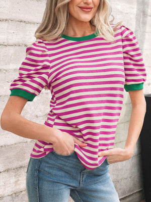 Striped cotton tee with puff sleeves, round neck, and green trim.