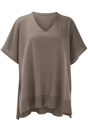 Relaxed V-neck knit poncho top in brown with short sleeves and ribbed hem.