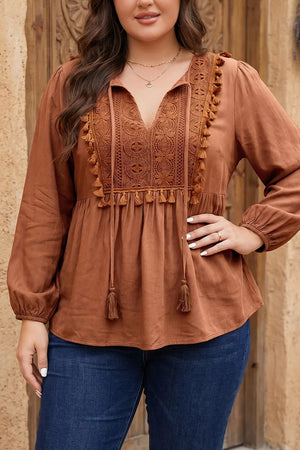 Plus Size V Neck Embroidered Tassel Blouse in Caramel, side view