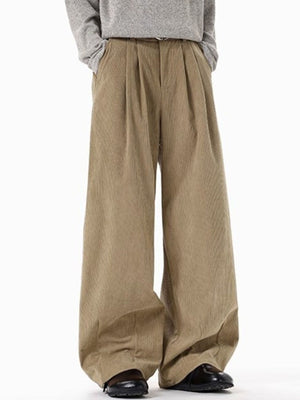 Men's khaki wide leg pleated corduroy trousers with pockets