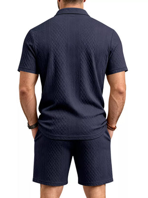Men's Textured Short Sleeve Polo & Shorts Set in Dark Gray, side view