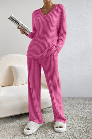 Hot Pink ribbed knit lounge set with V-neck top and wide-leg pants.
