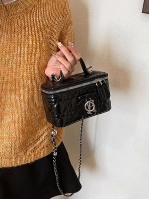 Top Handle Pu Leather Crossbody Bag in Black, close-up detail
