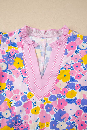 Floral Print Striped Color Block V Neck Blouse, back view