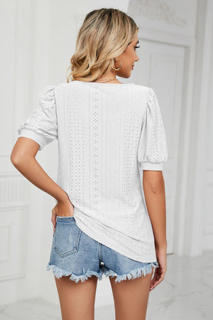 White eyelet puff sleeve scoop neck blouse with textured detail
