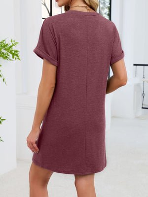 Wine red t-shirt dress with cuffed short sleeves and above-knee length.