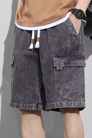Dark gray denim cargo shorts for men with drawstring waist and multiple pockets.