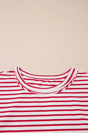 Maternity red and white striped cotton t-shirt with crew neck and short puff sleeves.