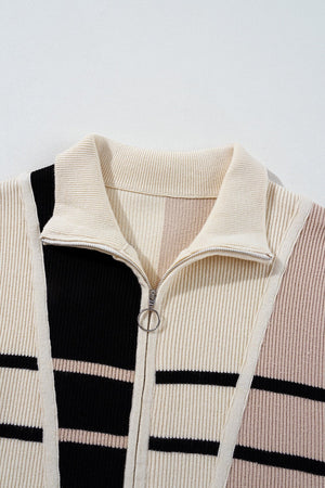 Colorblock ribbed zip-neck mini dress in beige, black, and terracotta with a polo collar.