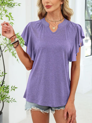 Purple ruffled sleeve notched V-neck tee with gathered neckline detail.