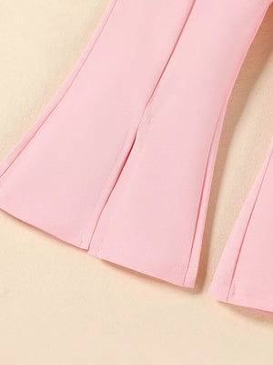 Pink baby flare pants with visible seams and hem detail