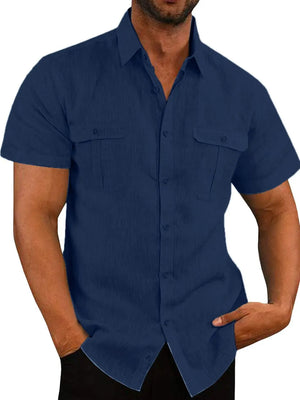 Navy textured linen utility shirt for men, short sleeves, two chest pockets.