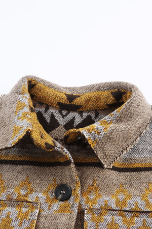 GeoChic collar jacket in camel with geometric pattern and button closure