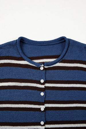 Striped Drop Shoulder Button Cardigan in Dusty Blue, view 11