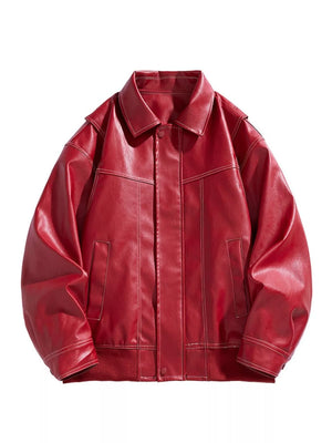 Red oversized leather bomber jacket with white contrast stitching and collar.
