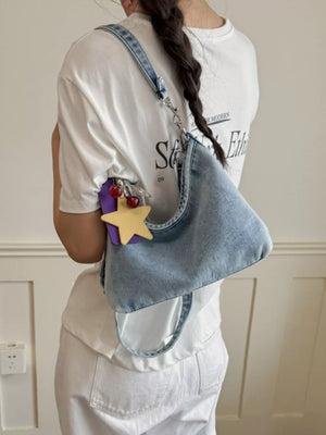 Star Charm Denim Shoulder Bag in Medium, fit detail
