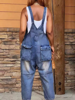 Denim overalls with adjustable straps and large back pockets in a light blue wash.