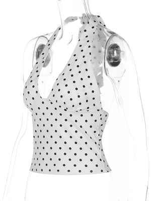 White polka dot halter cami with a tie neck detail