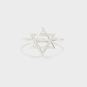 Star of David ring with white zirconia accents on a silver band.
