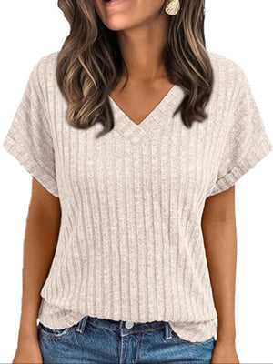 Relaxed fit ribbed V-neck t-shirt in light grey with short sleeves.