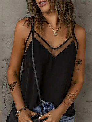 Black sheer panel V-neck cami with thin straps