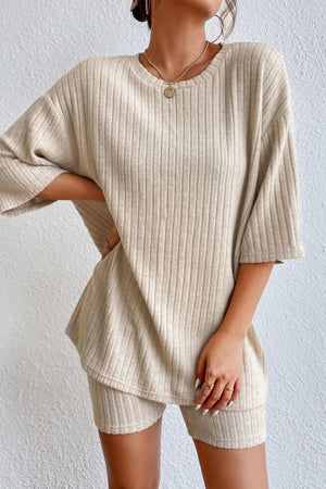 Sand ribbed tee and short set with relaxed fit and crew neck.