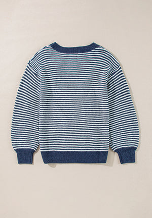Blue striped knit pullover sweater with a crew neck and long sleeves.