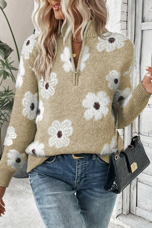 Tan floral intarsia mock neck sweater with zip detail and fuzzy texture.